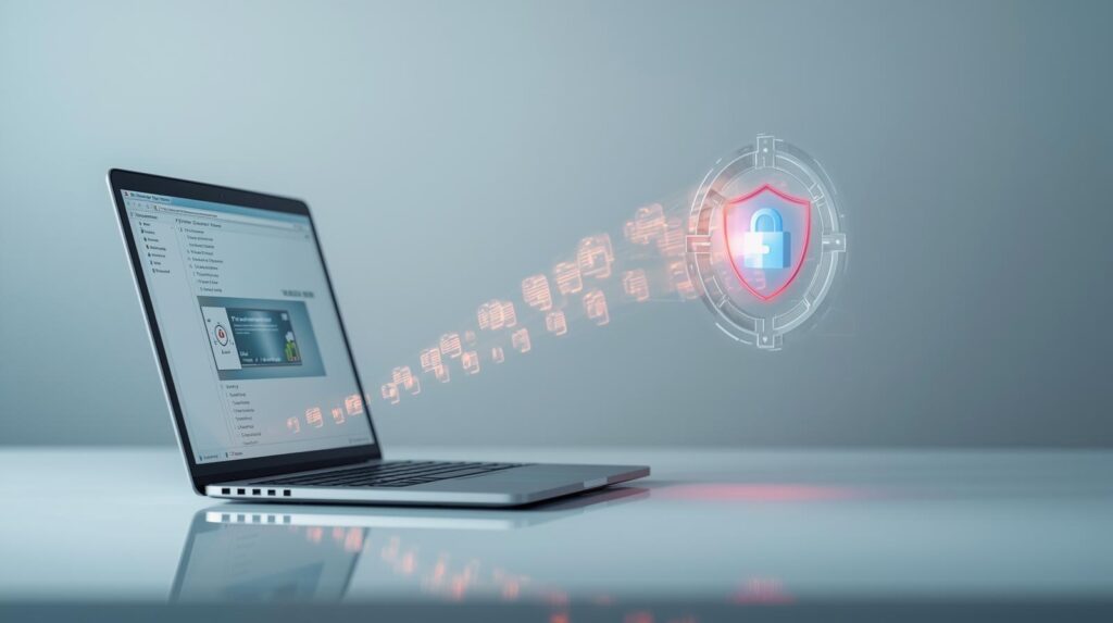 aptop su scrivania con flusso di documenti digitali verso uno scudo con lucchetto, simbolo di conservazione a norma dei registri RENTRI e conformità AgID.