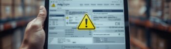 Tablet con schermata tipo portale RENTRI offline e triangolo giallo di avviso con punto esclamativo, in ambiente logistico. RENTRI: Obbligo Normativo