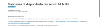 Screenshot dell’avviso: “Mancanza di disponibilità dei servizi”, pubblicato il 13/02/2026.